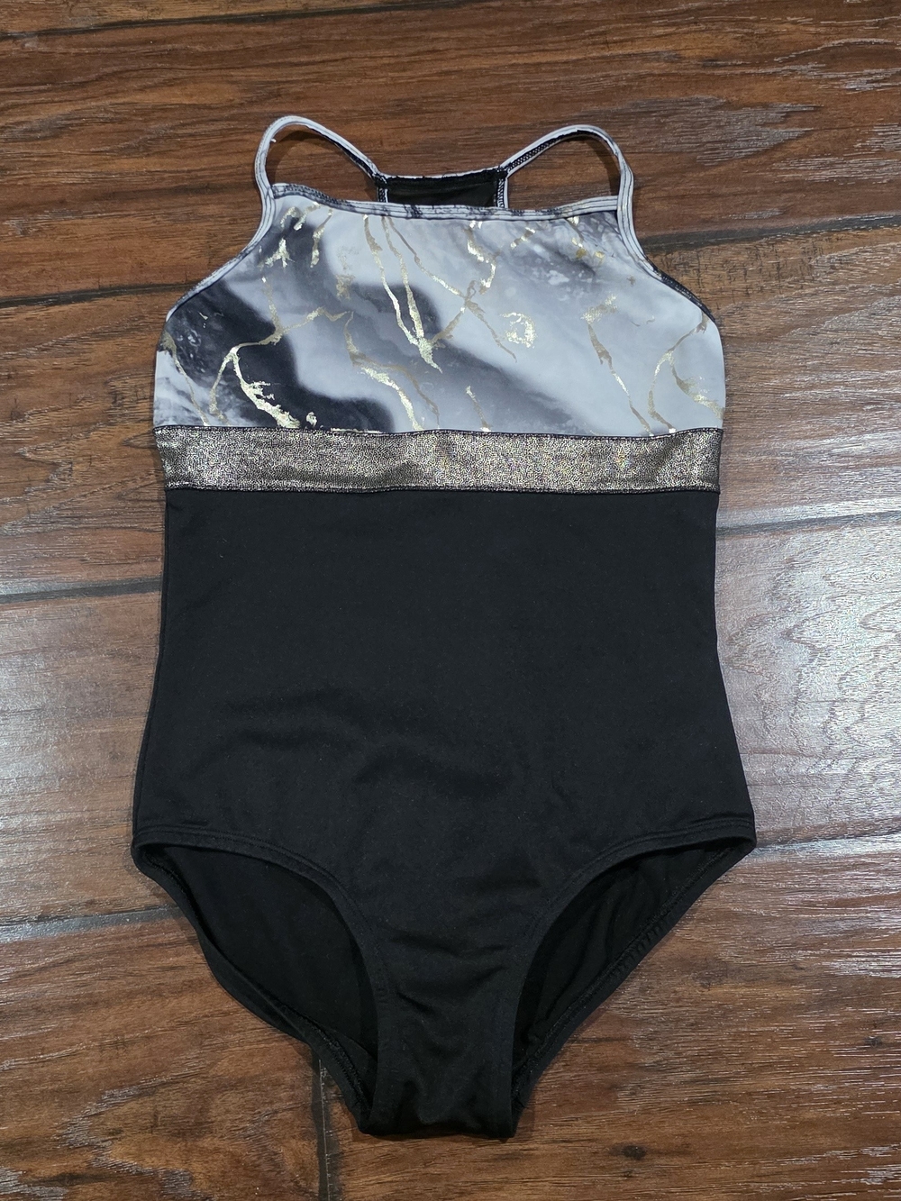 Justice Black and White Marble-Print Gymnastics Leotard with Gold Band